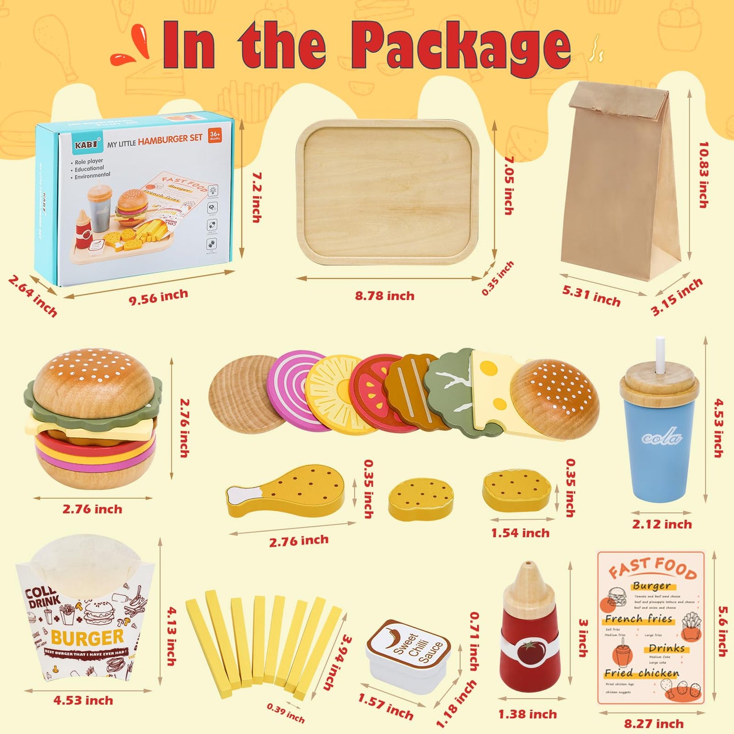Jugueteland Wooden Play Fast Food Set Play Kitchen Accessories, Pretend Play Food Hamburger French Fries Toy, Restaurant Play Se