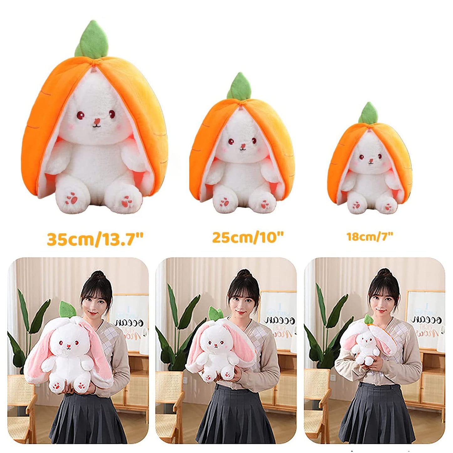 Miaodam 13.7 Inch Easter Bunny Stuffed Animal, Kawaii Squishy Cute Easter Bunny Plush Turn Into Rabbit Fruit Doll Carrot Strawberry Pillow, Plushies Funny Bunny Toy For Baby