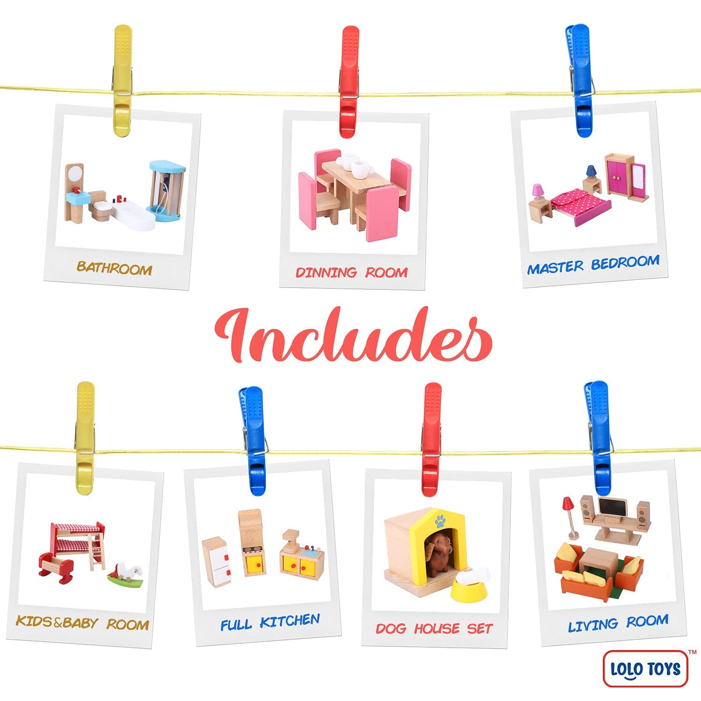 Premium Wooden Dollhouse Furniture Set –49Pcs, 7 Rooms– Doll House Furniture And Accessories Set