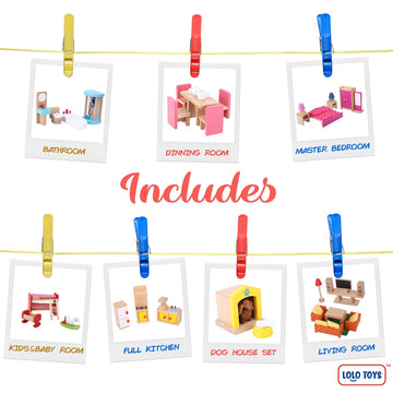 Premium Wooden Dollhouse Furniture Set –49Pcs, 7 Rooms– Doll House Furniture And Accessories Set