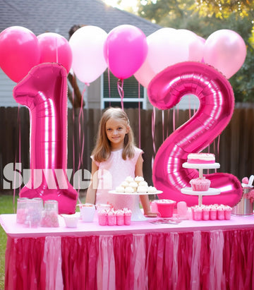 Suwen 40 Inch Hot Pink Large 12 Number Balloons Big Foil Helium Number Balloons 0-9 Jumbo Happy 12Th Mylar Birthday Party Decora