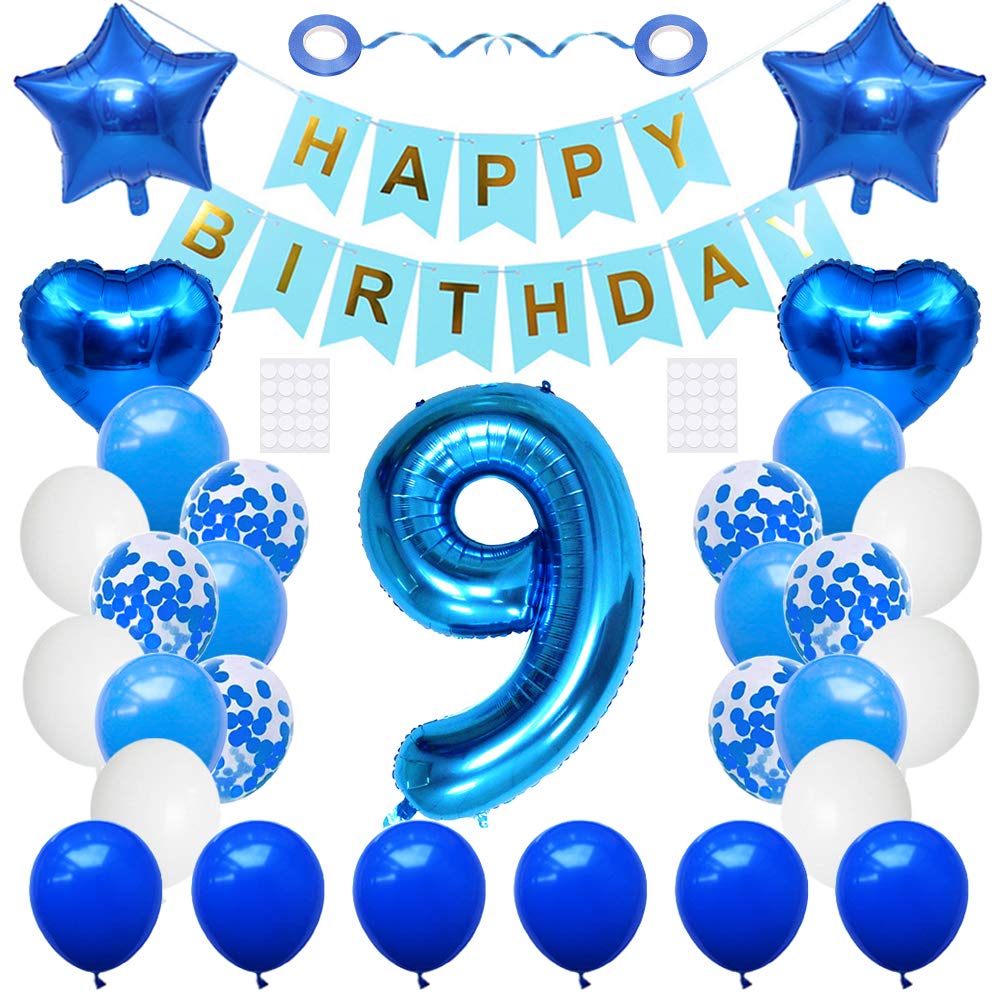 Huture 9 Birthday Party Supplies Blue Number 9 Foil Balloon Happy Birthday Banner Kit 9Th Birthday Decoration White Blue Latex C