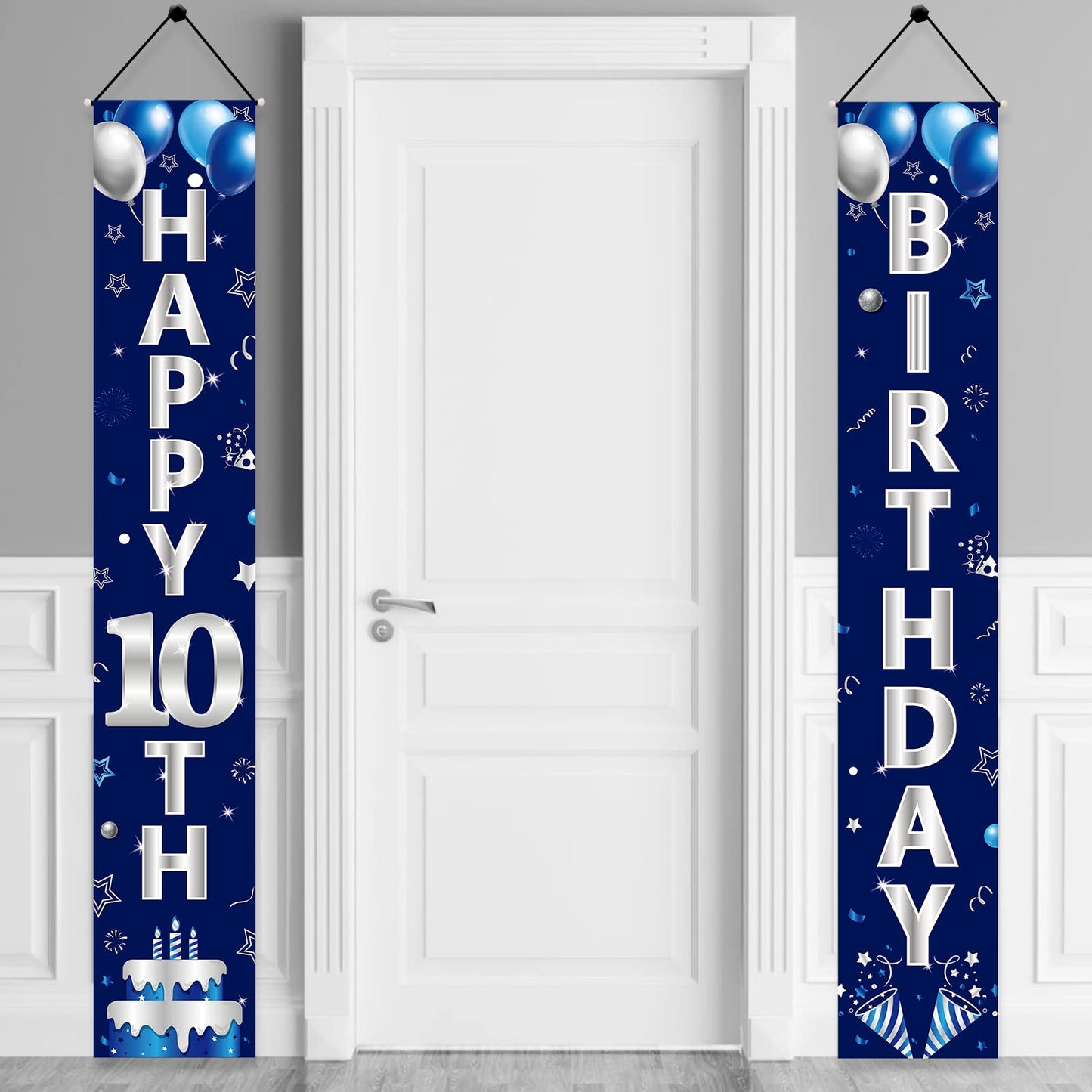 Turypaty Blue Silver 10Th Birthday Door Banner Decorations, Happy 10 Birthday Party Porch Banner Supplies For Boys, Sweet 10 Yea
