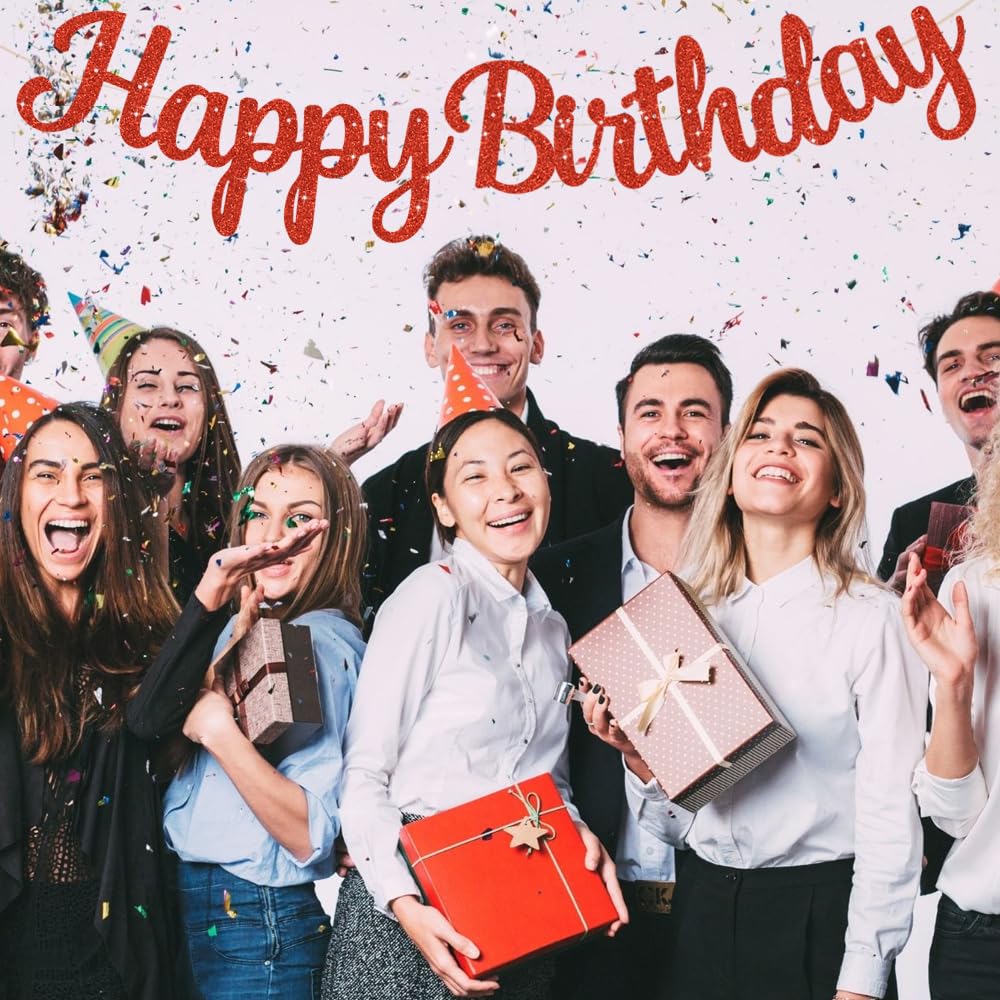 Beishida Red Happy Birthday Banner - No Diy,10Feet,Pre-Strung-Glitter Happy Birthday Sign, Happy Birthday Garland,Happy Birthday
