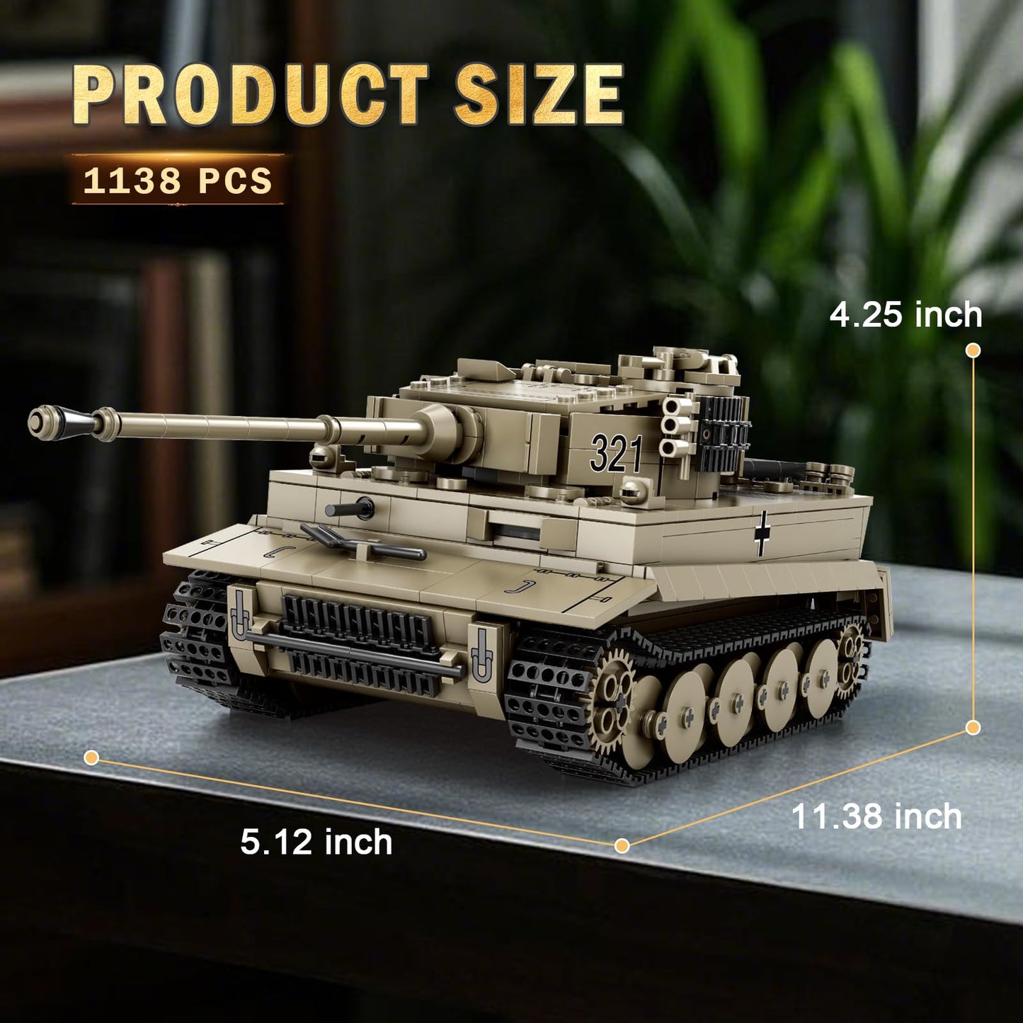 Reobrix Tiger I Tank Building Block Set, WW2 German Model 77031, 1138 PCS Plastic Army Toy for Ages 14+