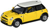 KiNSMART Mini Cooper S Die Cast Metal Toy Car, 5" 1:28 Scale, Yellow, Pullback Action