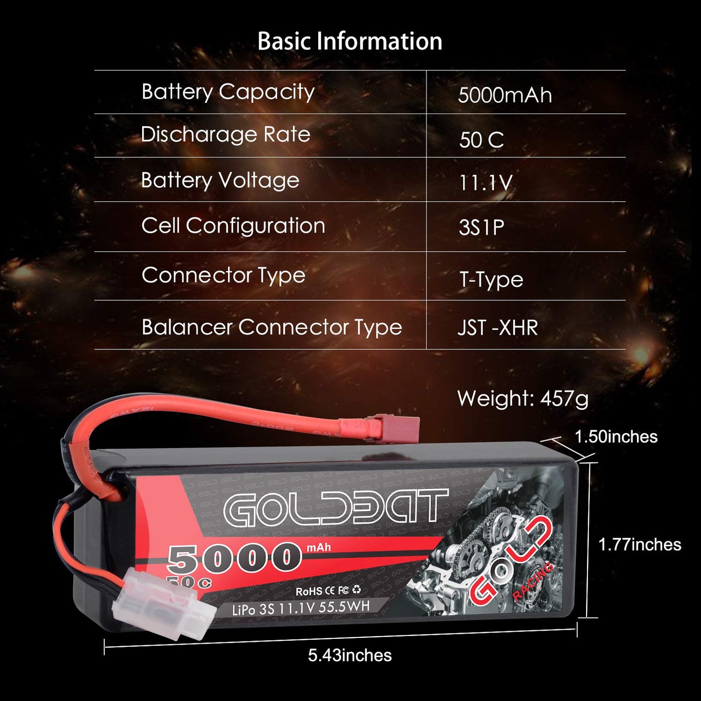 GOLDBAT 11.1V 5000mAh 3S 50C Lipo RC Battery Pack Hard Case with Deans T Connector for E-maxx Axial RC Car Truck Buggy Truggy Ho