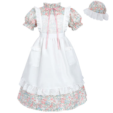 FCCAM Colonial Costume Girls with Mob Cap Floral Pioneer Prairie Dress 1800s American Costume Pink L age over 4 years old