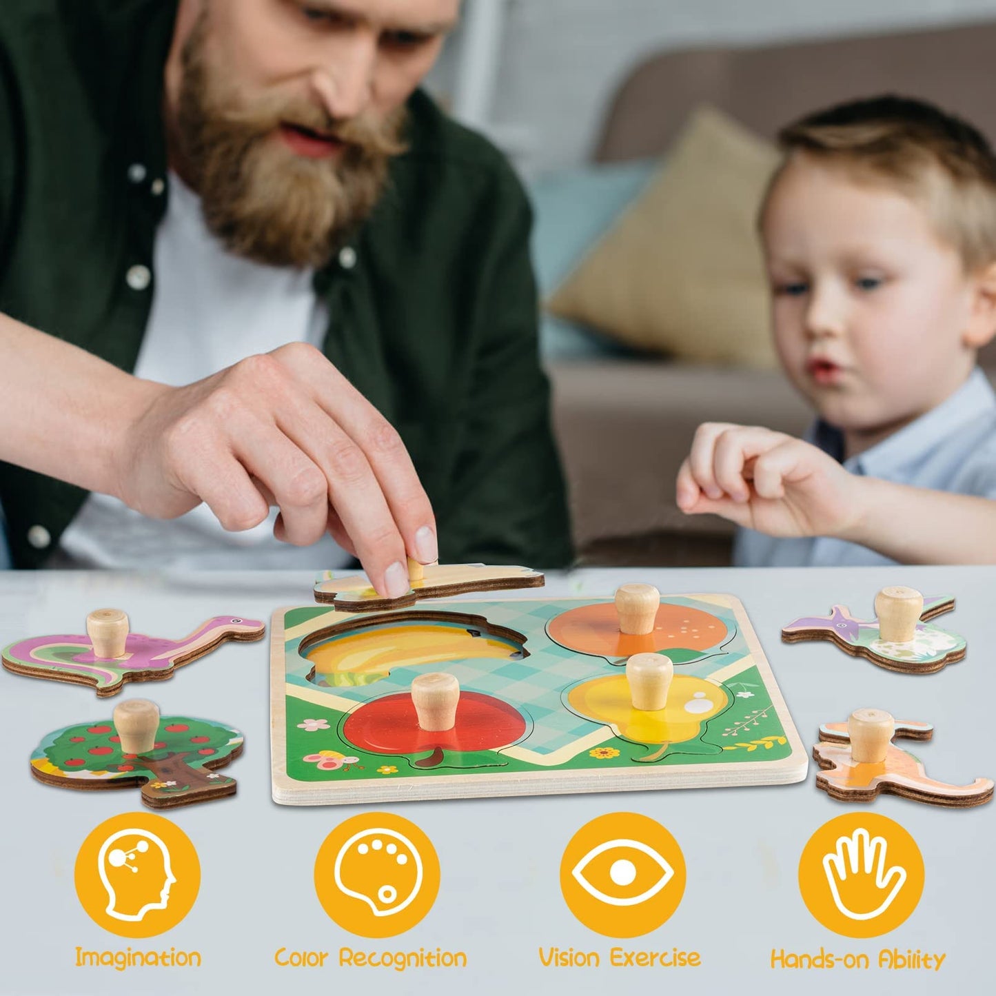 Funsland Wooden Toddler Puzzles - 4 Pcs Eco-Friendly Animal Jigsaw with Handles, Montessori Learning Toys for 1-3 Years Old