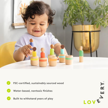 Lovevery Post & Play Peg People Baby Toy, 7 Wooden Peg Doll Practice Color Matching, Stacking, And Balancing, Ages 13 Months +