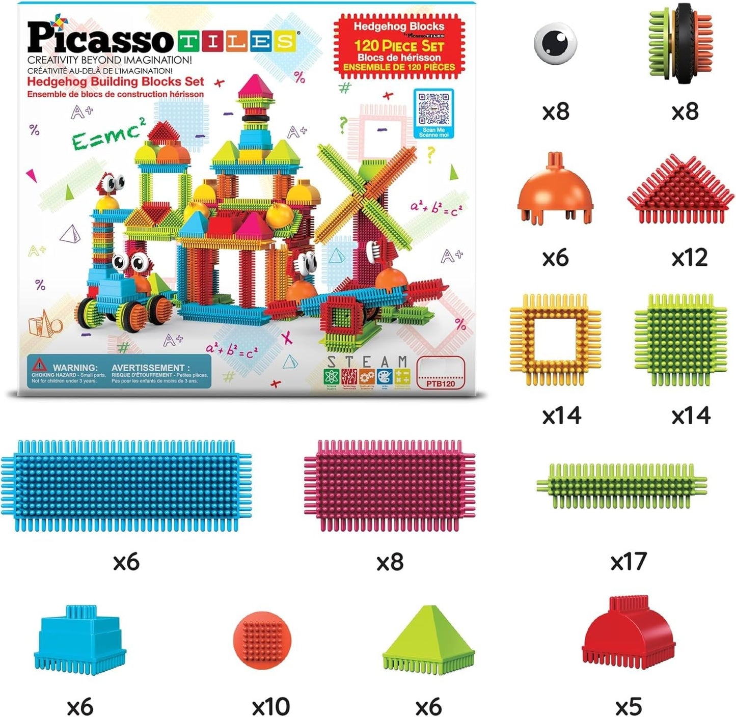 PicassoTiles 120pcs Hedgehog Building Blocks Set - Multicolored Plastic Construction Toy for Kids Age 3+ - Model PTB120