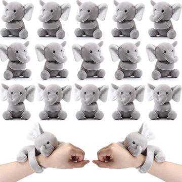 Ceenna 16 Pcs Valentine's Day Elephant Stuffed Animal Slap Bracelets Plush Elephant Slap Bracelets 8.66 Inch Gray Adorable Eleph