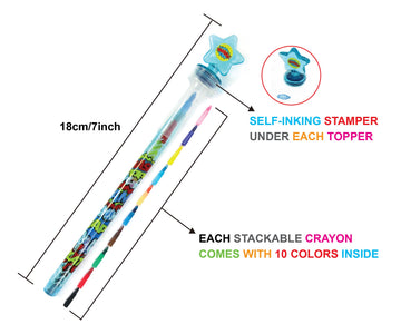 TINYMILLS 24 Pcs Superhero Rainbow Stackable Crayon with Stamper Topper