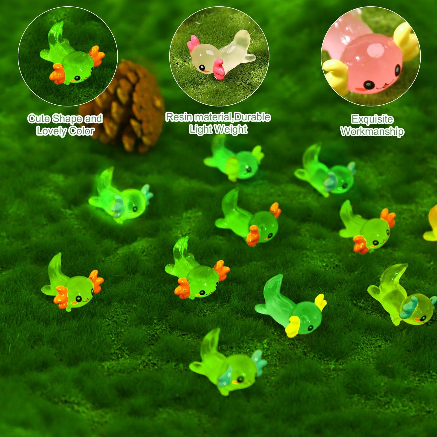 Fuyamp 40Pcs Luminous Mini Axolotl Resin Miniature Glow in The Dark Tiny Axolotl Charms Figures for Landscape Aquarium Dollhouse