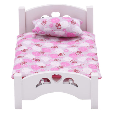 Dollhouse Furniture Mini Kid’S Bed Set, Realistic Bedroom Accessories For 6 Inch Dolls, Pink Bedding, White Wood, 1/12 Scale