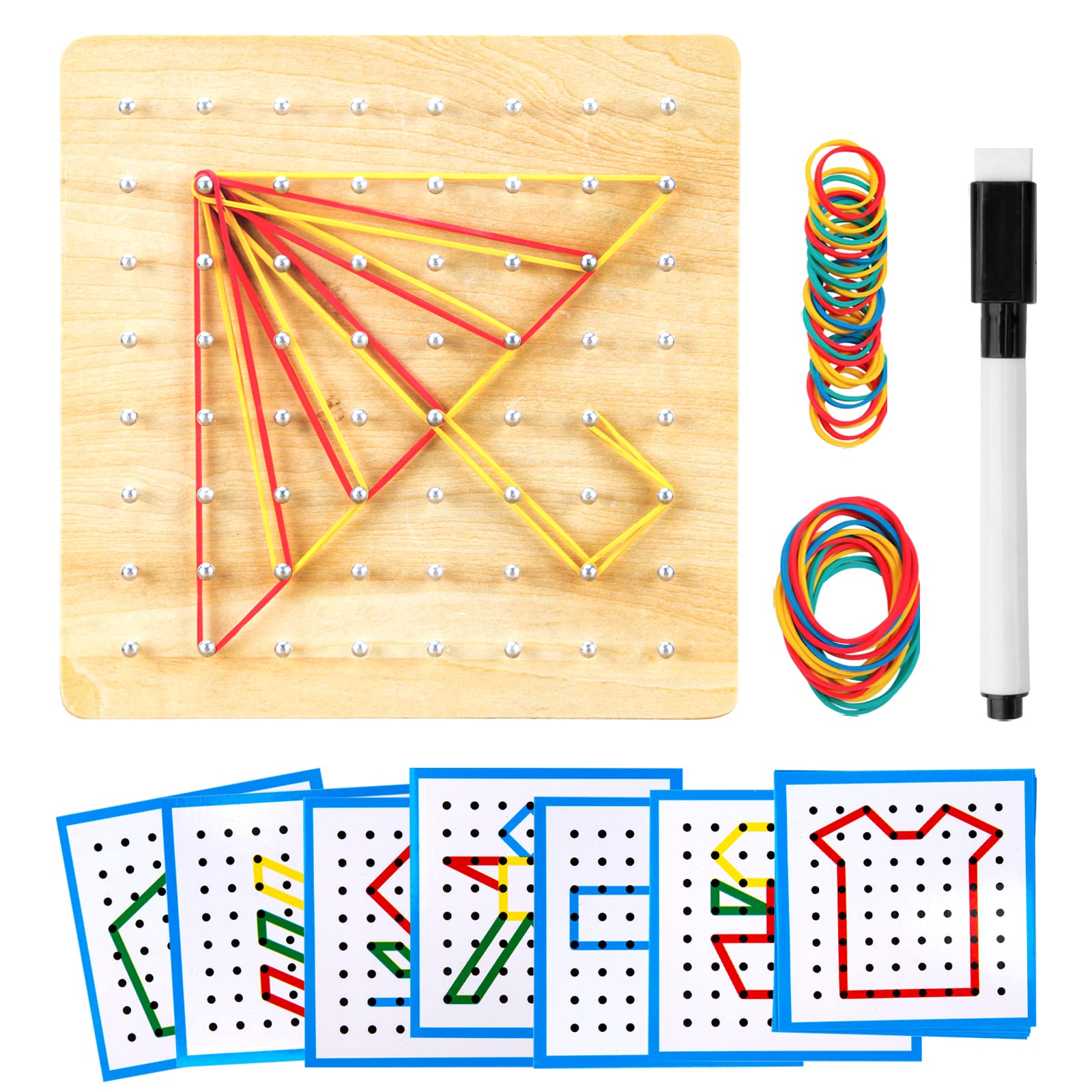 Heelwire Wooden Geoboard,Montessori Toy,Graphical Mathematical Education Toy For Kids With Pattern Cards And Rubber Bands To Fig