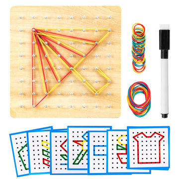 Heelwire Wooden Geoboard,Montessori Toy,Graphical Mathematical Education Toy For Kids With Pattern Cards And Rubber Bands To Fig