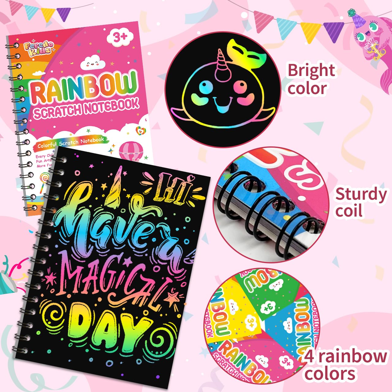 FEREDO KIDS Party Favors for Kids: 4 Pack Rainbow Scratch Art Notebook Students Classroom Gifts Bulk for Girls Boys Goodie Bags