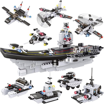 WishaLife 1320 Pieces Aircraft Carrier Building Blocks Set, Military Battleship Model Toy with Army Car, Helicopter & Boat, Mili