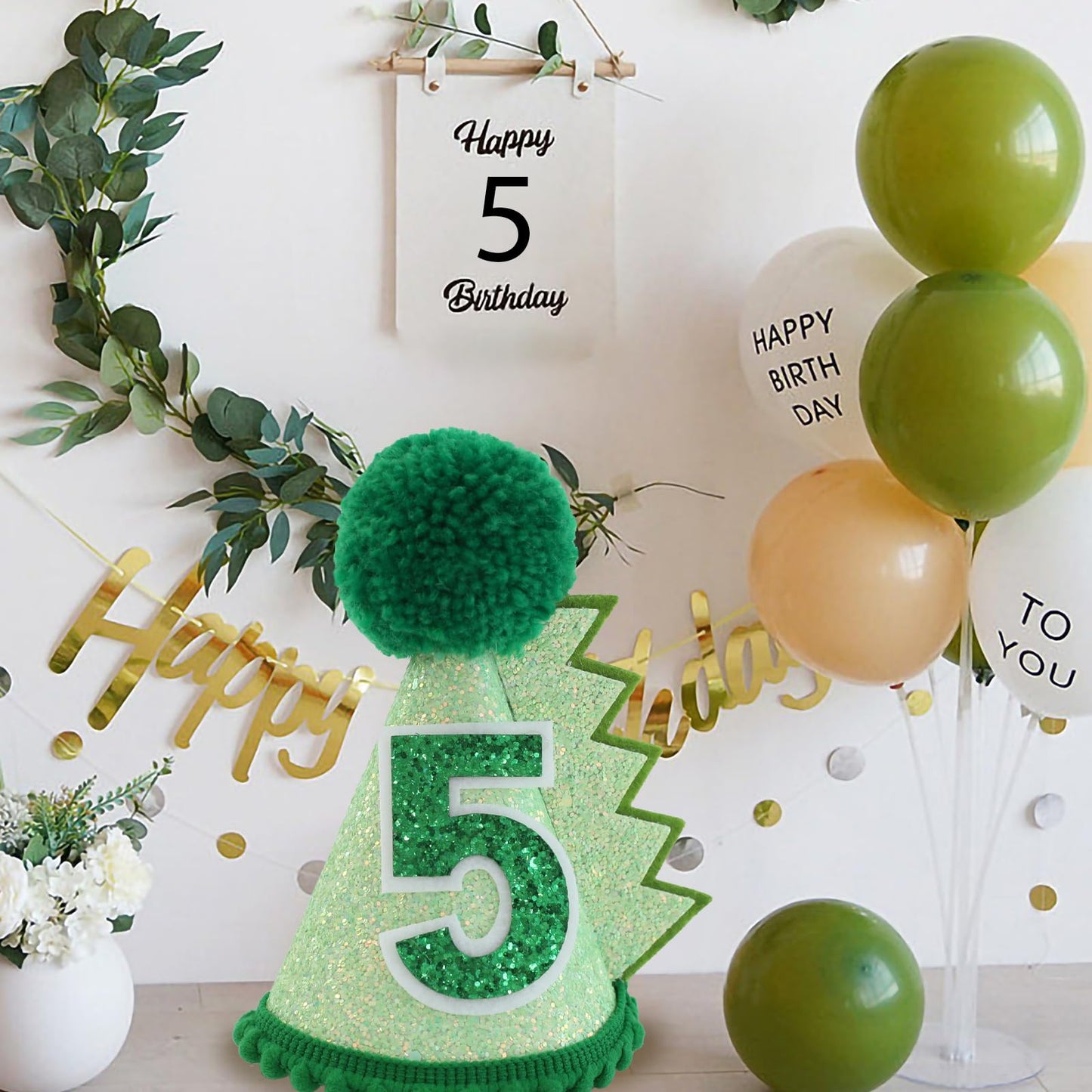 HODIHIWI Dinosaur 5th Birthday Hat Green Dino Theme First Party Decoartion Favors For Boy