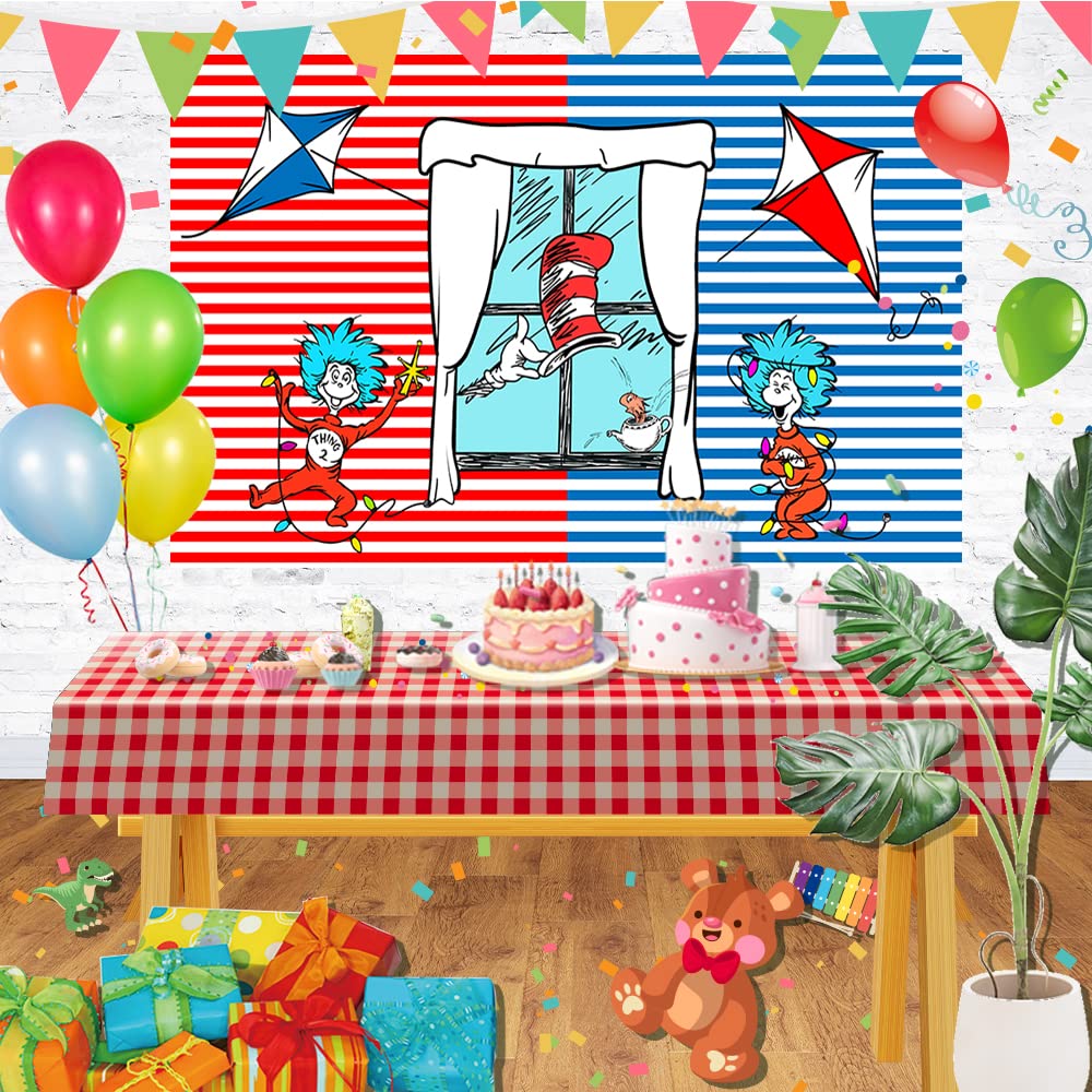 Red and Blue Stripes Backdrop Party Supplies Birthday Theme Photo Background Cat in The Hat Banner for Birthday Party Cake Table