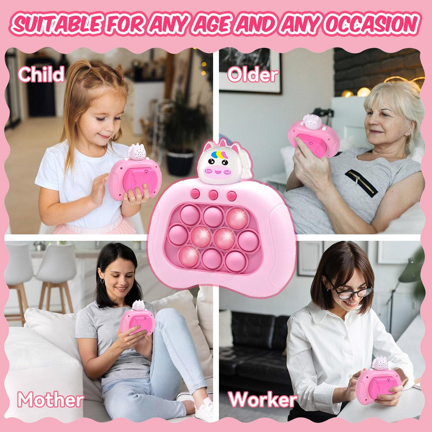 Lesipee Fidget Toys Fast Push Bubble Game Console, Handheld Puzzle for Kids, Ages 3-12, Colorful Silicone, Pink