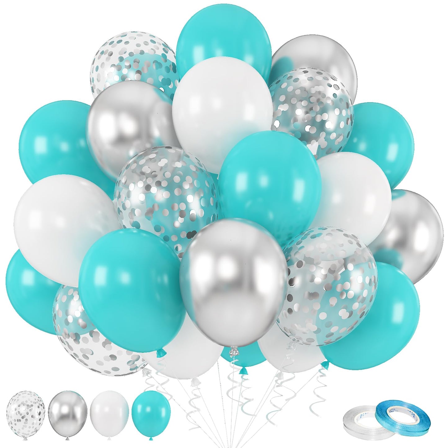 Teal And Silver Balloons, 60Pcs 12 Inch Turquoise White Teal Blue Balloon Set With Chrome Metallic Silver Confetti Balloons For Birthday Baby Shower Wedding Bridal Shower Anniversary Party Decorations
