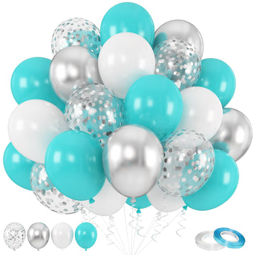 Teal And Silver Balloons, 60Pcs 12 Inch Turquoise White Teal Blue Balloon Set With Chrome Metallic Silver Confetti Balloons For Birthday Baby Shower Wedding Bridal Shower Anniversary Party Decorations