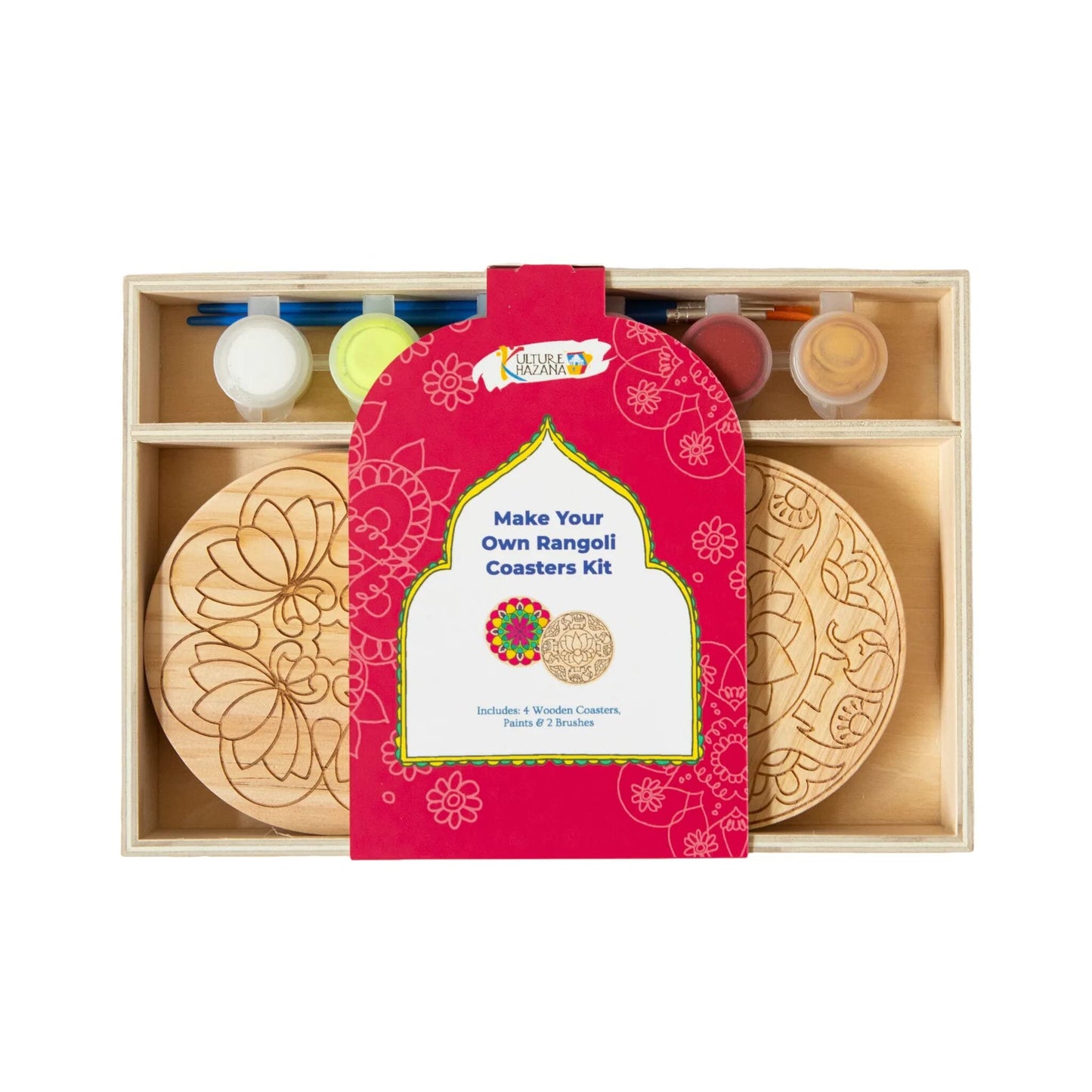 Make Your Own Rangoli Coaster Kit - 4 Wooden Coasters + Paint + Brushes | Perfect for Holi Gift, Activity, Party, or Decoration