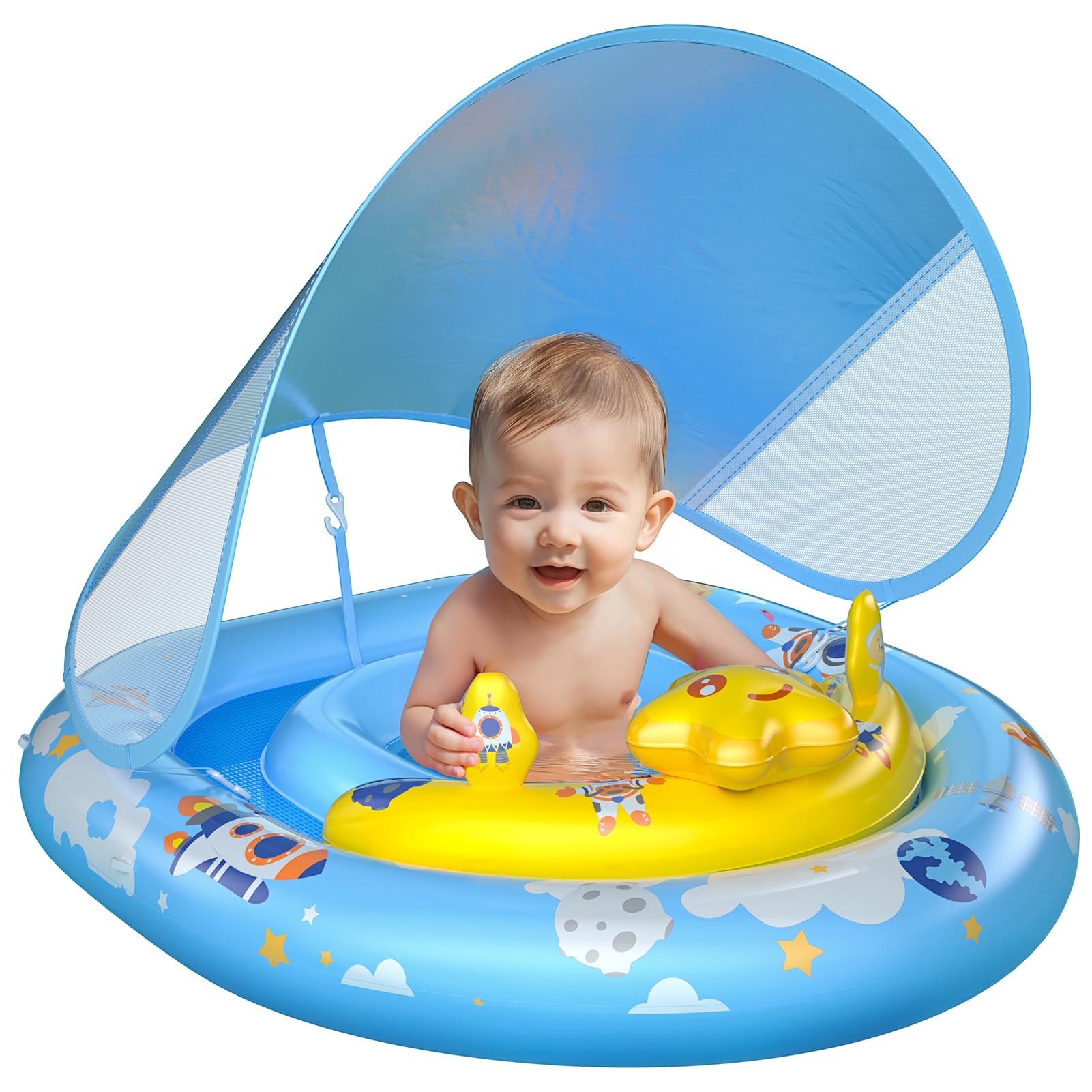 WayEee Baby Pool Float with UPF50+ Canopy - Inflatable Swim Float, Adjustable Safety Seat, Toy Play Console, Sun Protection for 