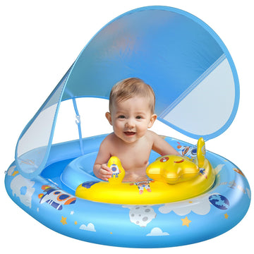 WayEee Baby Pool Float with UPF50+ Canopy - Inflatable Swim Float, Adjustable Safety Seat, Toy Play Console, Sun Protection for 