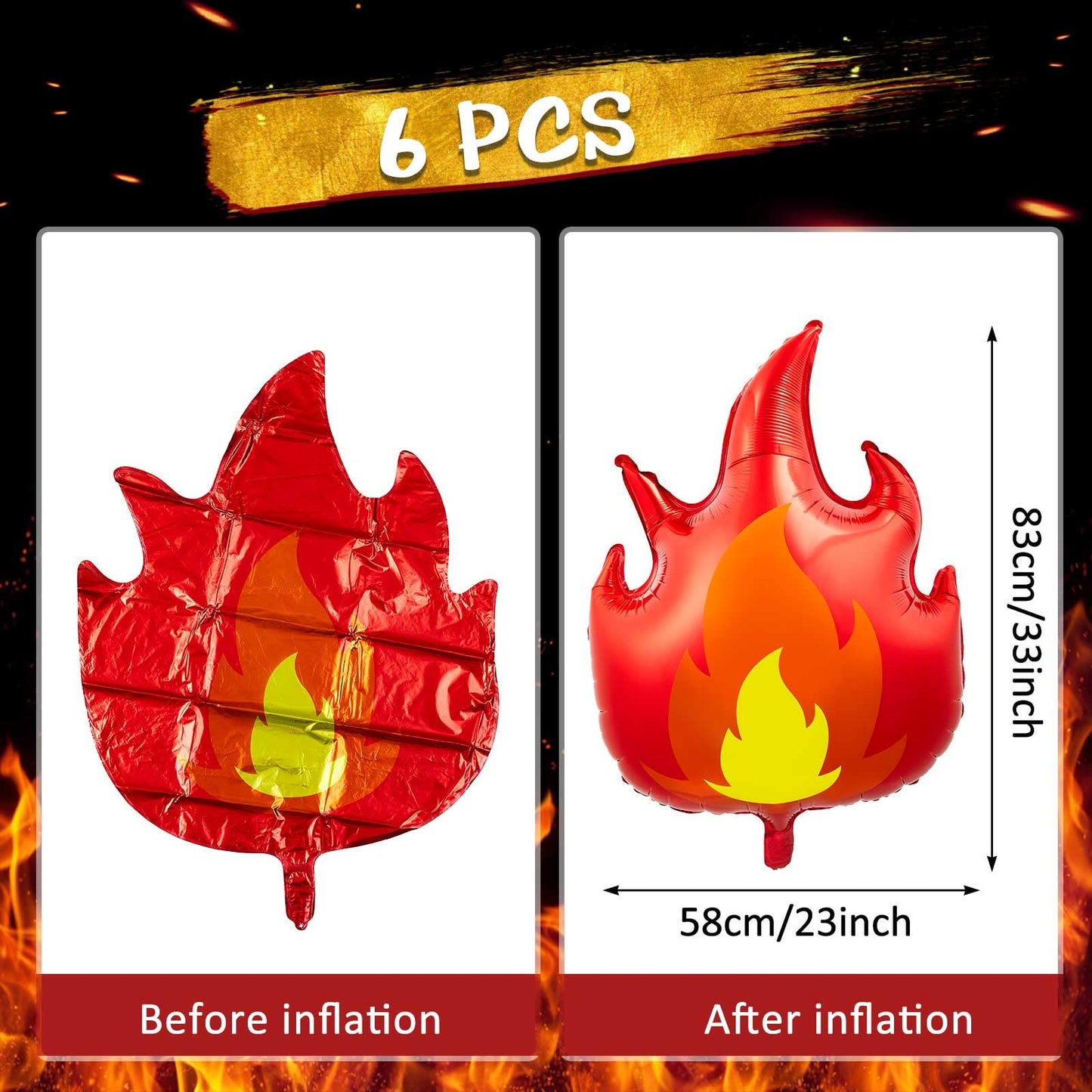 6 Pcs Fire Truck Birthday Party Supplies 32 Inch Fire Flame Balloons Large Firefighter Aluminum Foil Decorations Curve Foil Part