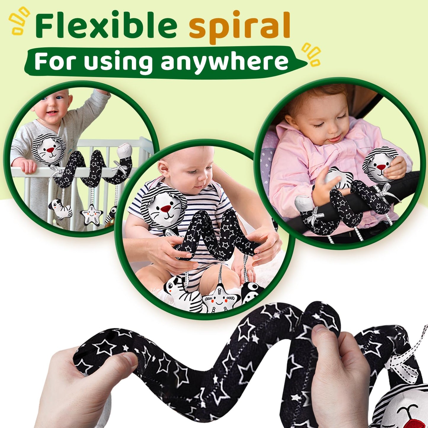 Likee Spiral Car Seat Toys For Babies 0-6 Months, Black High Contrast Plush Hanging Baby Stroller Toys, Crib & Carseat Sensory Activity For Newborn, Ages 0+ Years 6-12 Month Infants Boy Girl Gifts