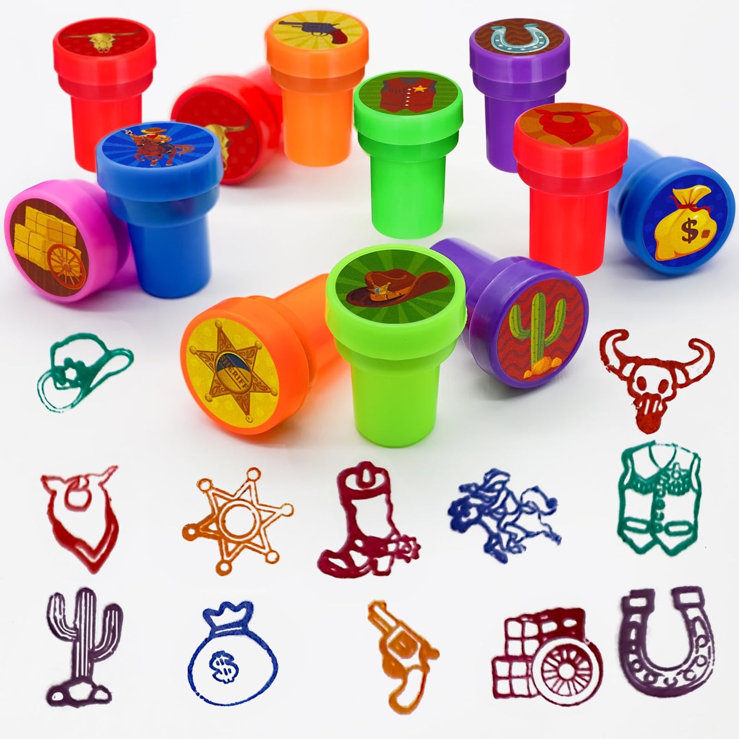 Cinrobiye 24 Pcs Western Cowboy Party Stampers for Boys Girls,Wild West Birthday Party Supplies Favors, Classroom Rewards Carniv