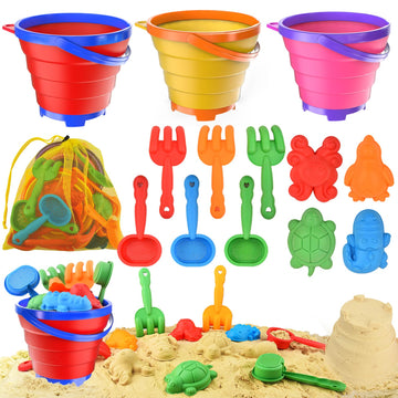 Collapsible Beach Sand Toys for Toddler Sand Toys for Kids 3 Packs Foldable Buckets with Sand Molds,Shovels&Mesh Bag for Beach S