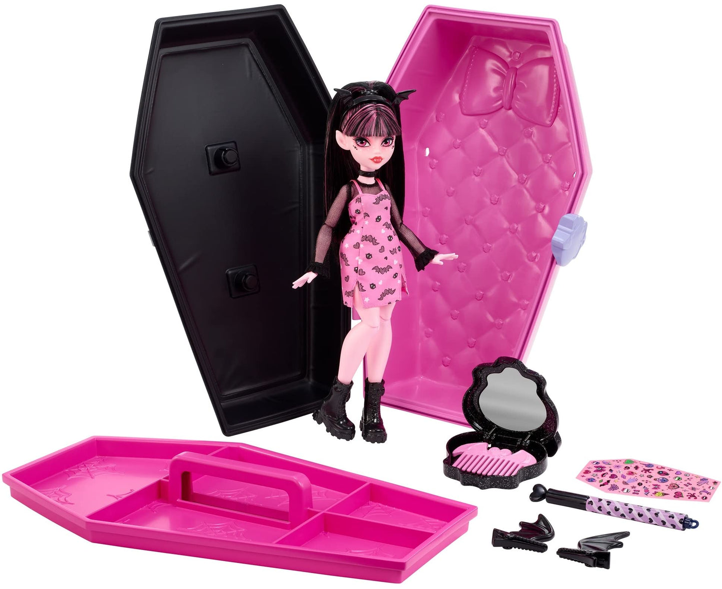 Monster High Draculaura Doll & Accessories, Gore-ganizer Beauty Kit with Bat Clips, Comb & Mirror, Customizable with Stamp Pen &