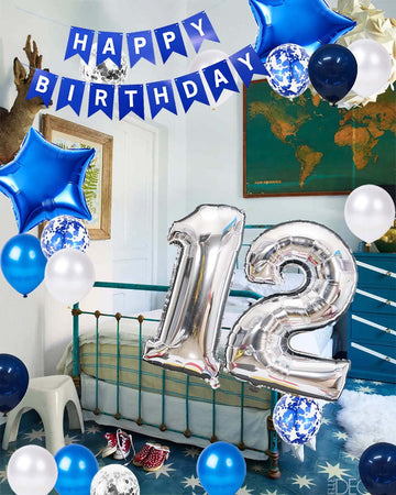 12Th Birthday Party Decoration For Boys, Happy Birthday Banner Blue Number 12 Birthday Balloons 12Th Birthday Latex Confetti Bal