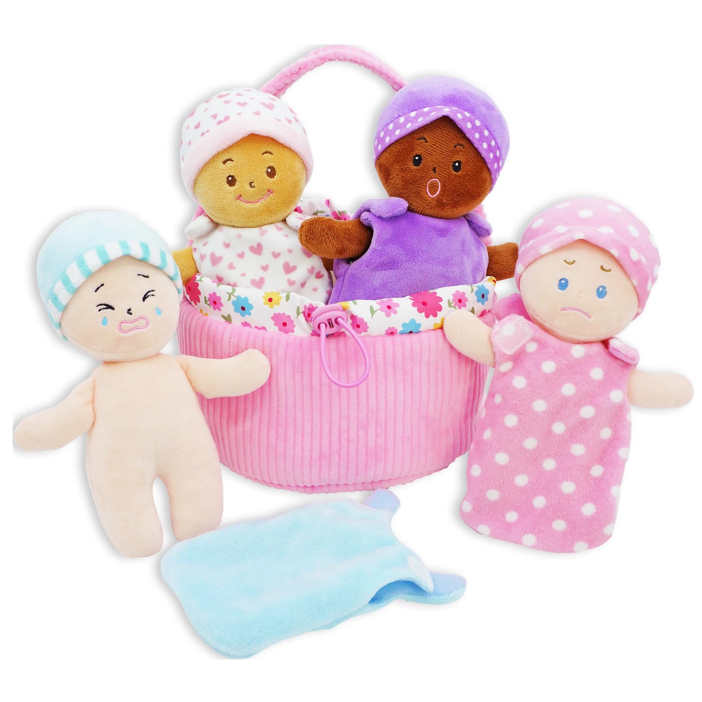 June Garden My First Basket Plush Baby Doll Set - 4 Multicultural Soft Dolls, Skin-Friendly Fabric, for Infants and Toddlers