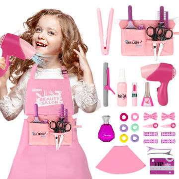 deAO Girls Beauty Salon Set, 32PCS Kids Beauty Salon Toy Kit,Pretend Play Hair Stylist Toy Kit with Hairdryer, Barber Costume Ap