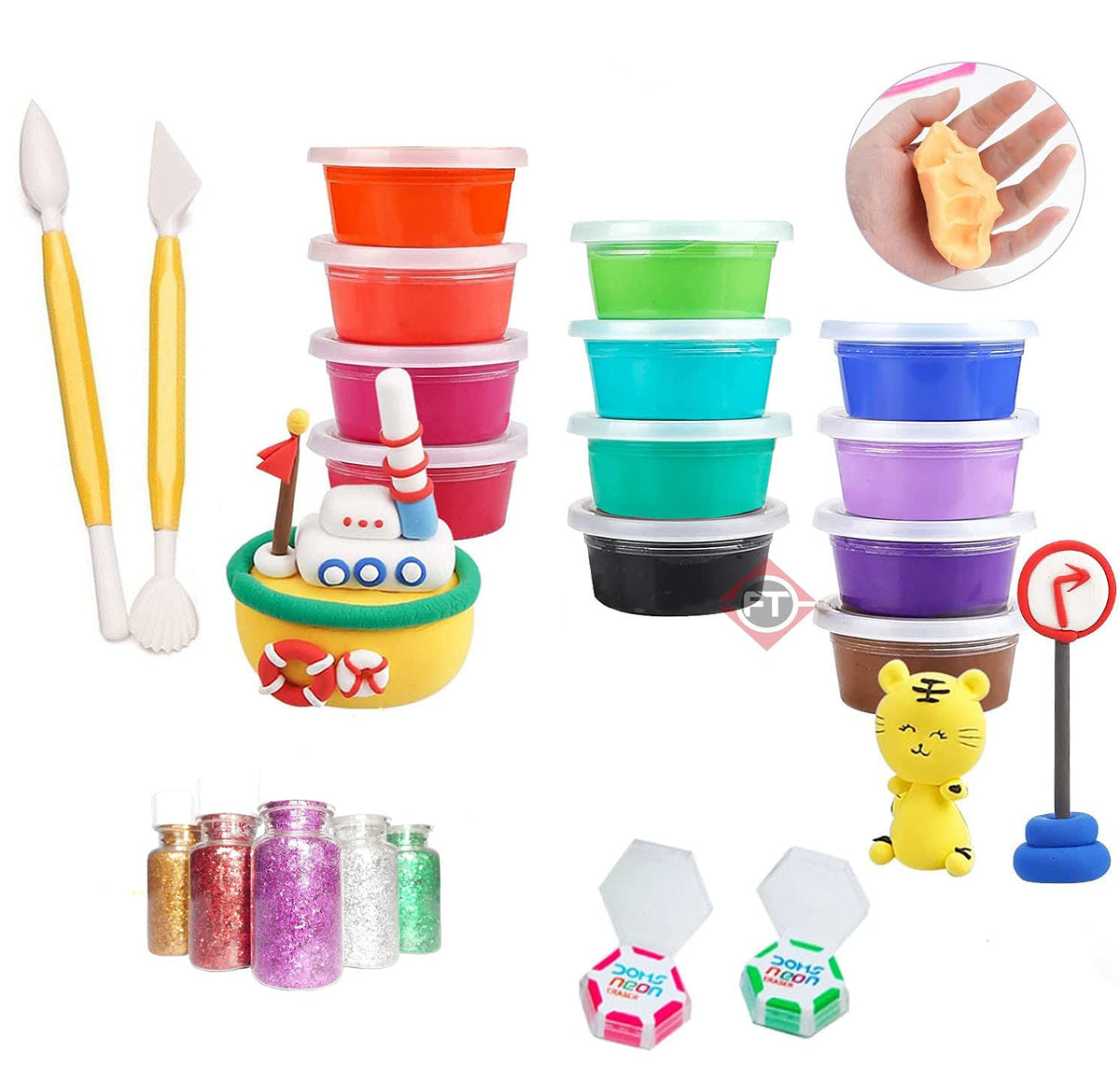 Firstly Traders Air Dry Clay, 12 Colours Modelling Clay With 2 Neon Eraser + Glitter For Kids, Safe And NonToxic Modeling Clay 