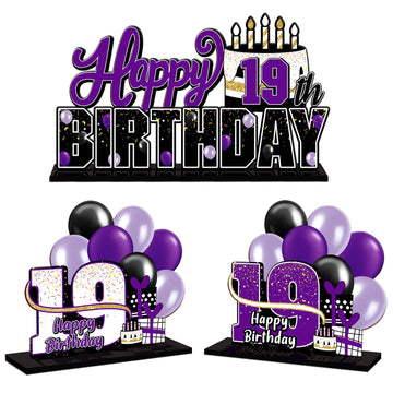 Lingteer Happy 19Th Birthday Purple Acrylic Table Topper Centerpieces Set - Cheers To Nineteen Years Old Birthday 19Th Bday Party Gift Decorations.