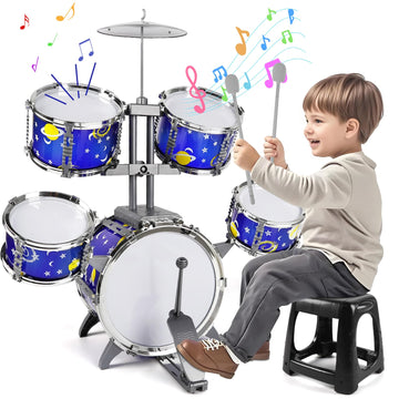 M Sanmersen Upgraded Kids Jazz Drum Set Toddler Toy Drum Set With Stool, Plastic Rock Jazz Drum Kit Musical Toys Gift For Boys Girls 1-3 3-5