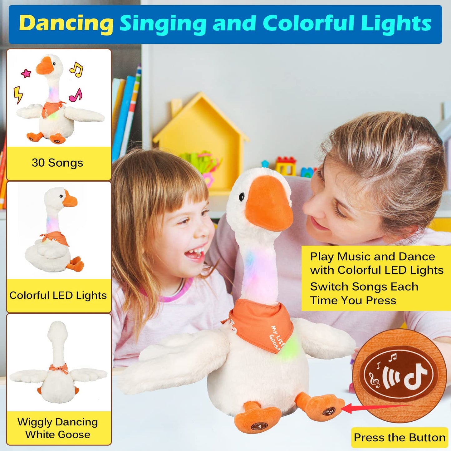 13' Talking Dancing Goose Swan Stuffed Animal Repeating What You Say Mimicking Recording Plush Baby Toy Musical English Song Singing Glowing Animated Twisting Gift Toy For Boy Kid