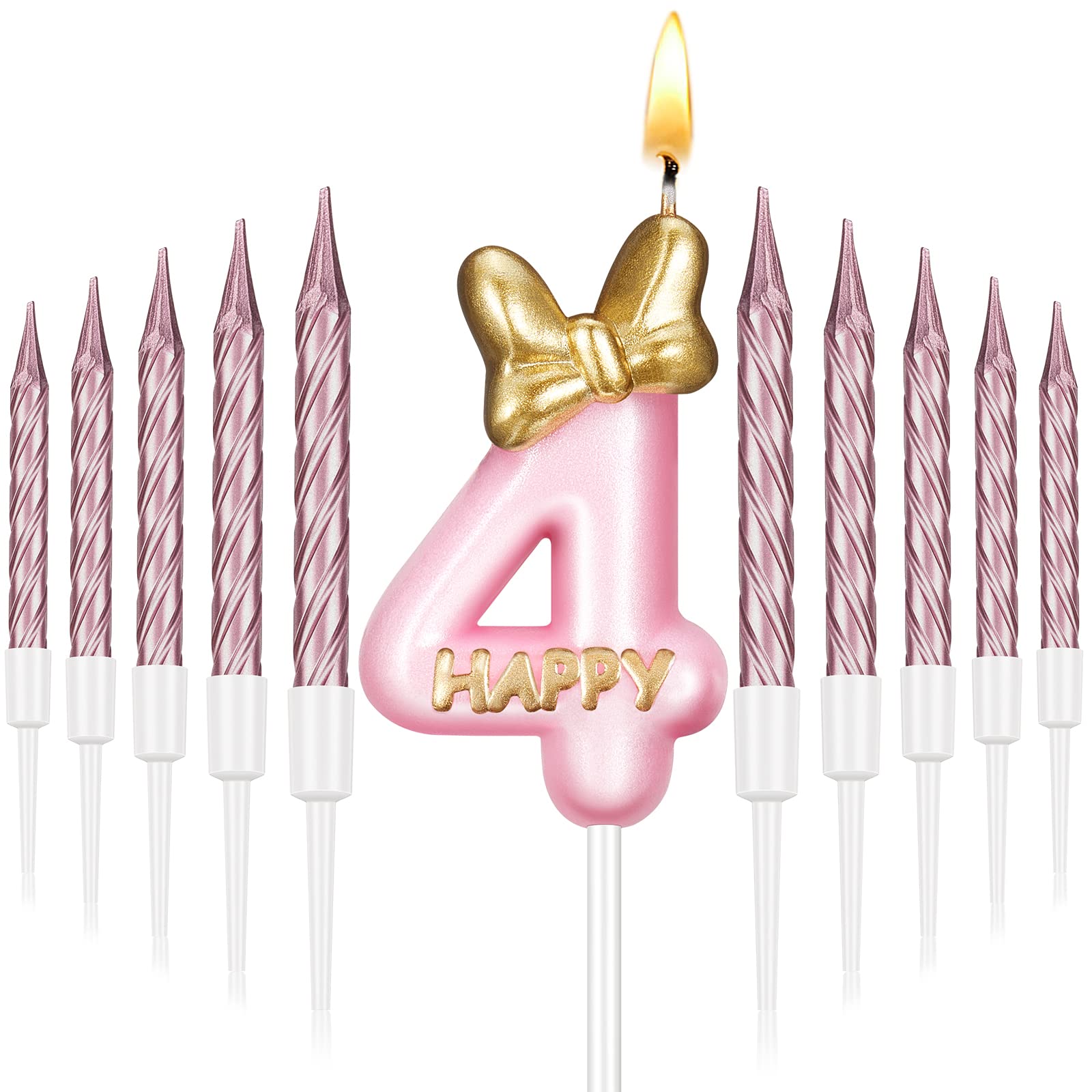 BBTO Number 4 Birthday Candle Pink Birthday Candle Girl with 10 Pieces Pink Candles Long Thin Cupcake Candles in Holders for Cak