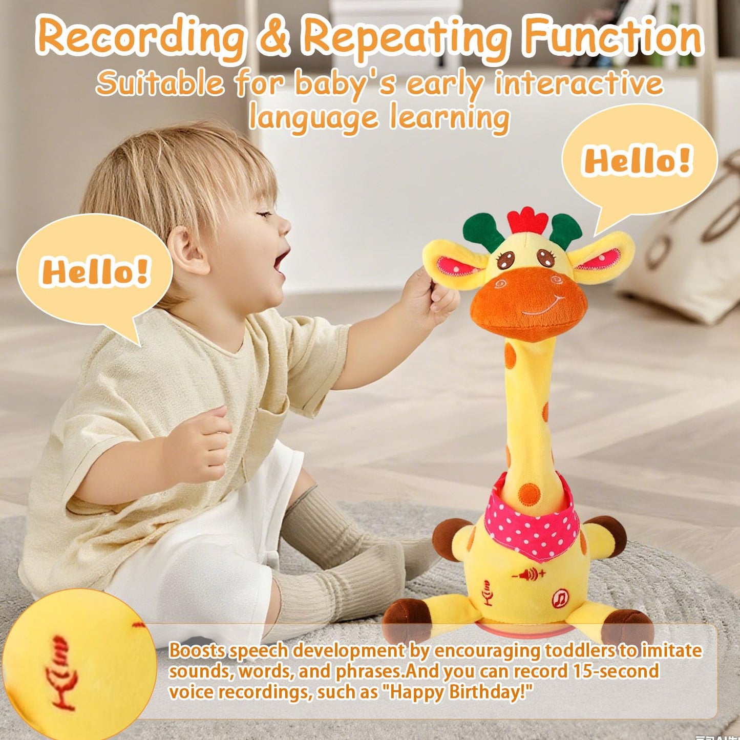 MILEGI Dancing Talking Musical Giraffe Toy - Plush Yellow Stuffed Animal, 10 Songs, Volume Control, 1 inch Tummy Time Toy