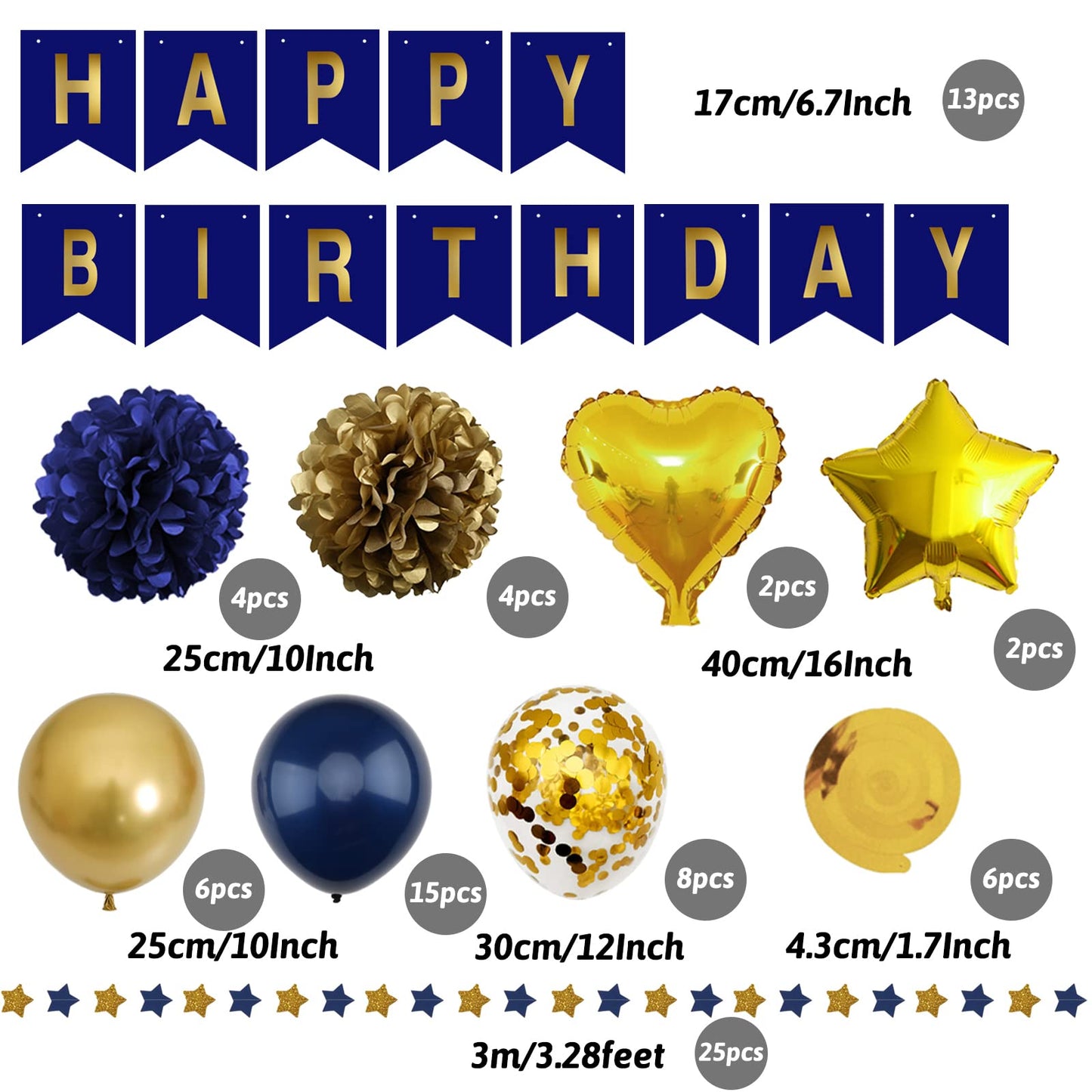 Zerodeco Birthday Decorations, Navy Blue Gold Birthday Party Decorations Happy Birthday Banner Pompoms Balloon For Boys Girls Me