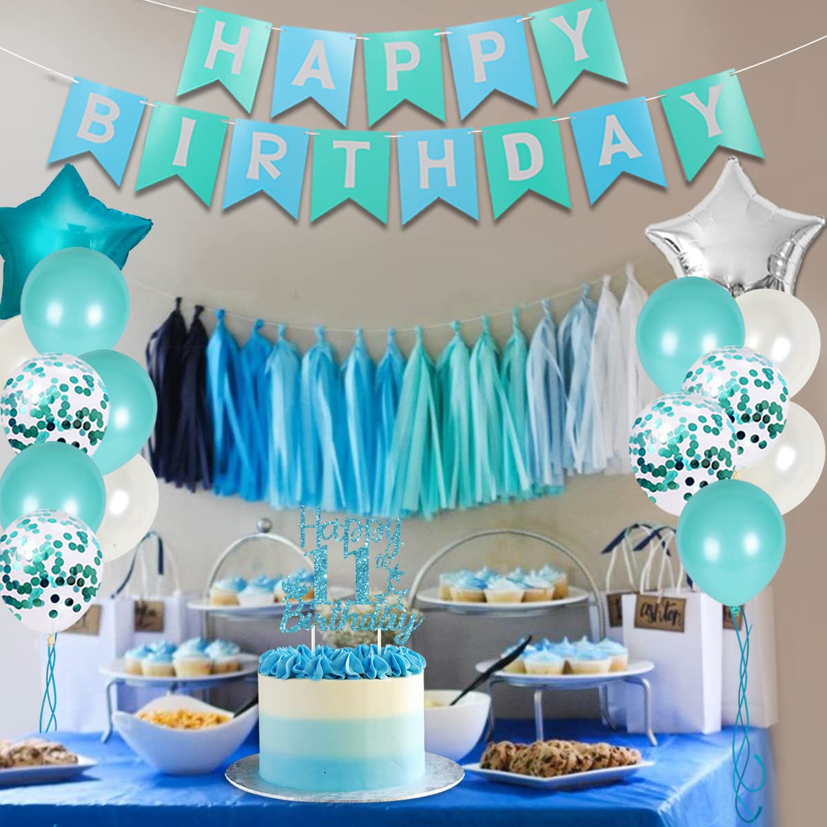 Funmemoir 11th Birthday Decorations - Teal Cake Topper, Fringe Curtain, Banner & Foil Balloon for Girls, 11 Year Old Birthday Decor