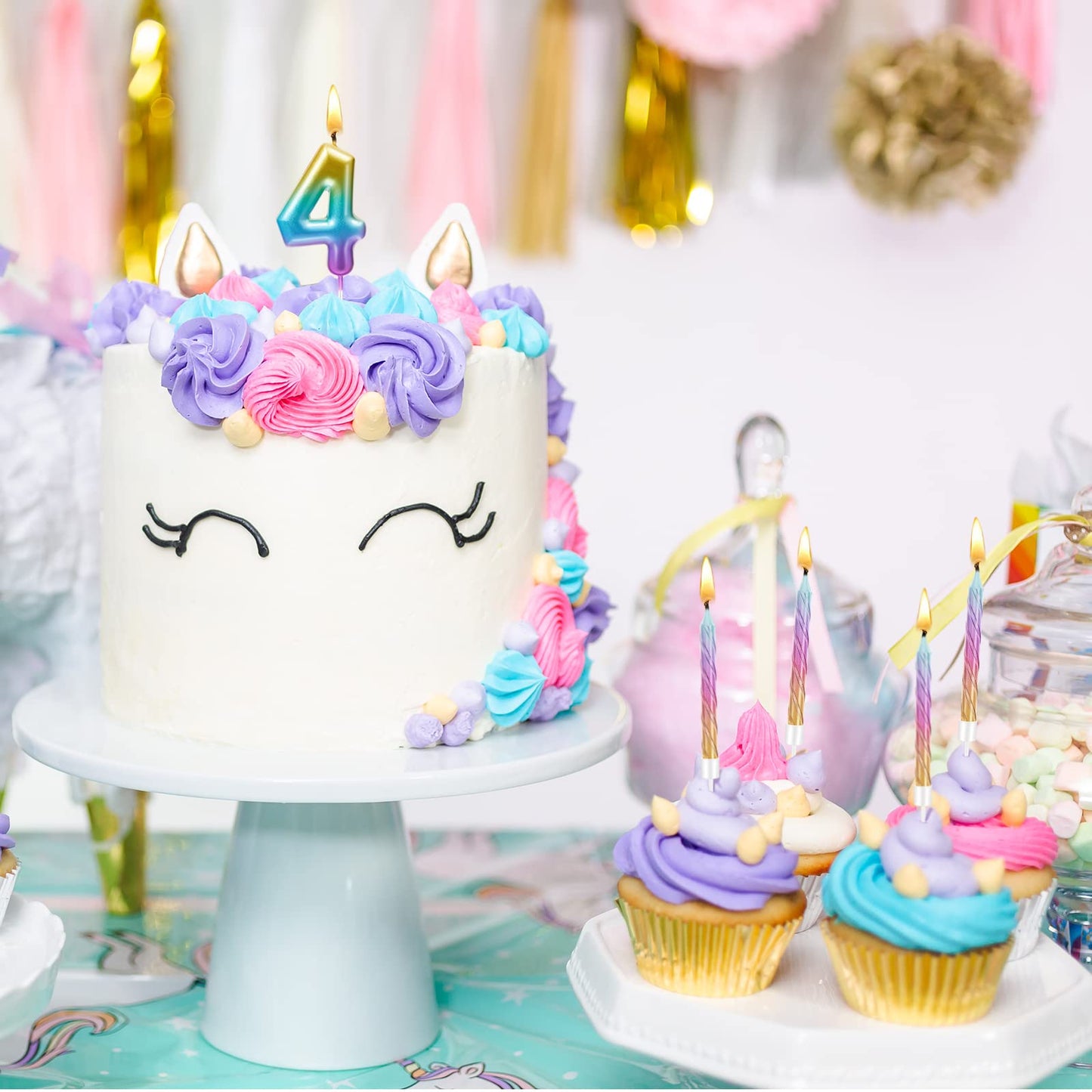 Treela 2.7 Inch Birthday Candles Rainbow Number Candle with 12 Pieces Numeral Rainbow Spiral Candle First One Year Candle for Ba