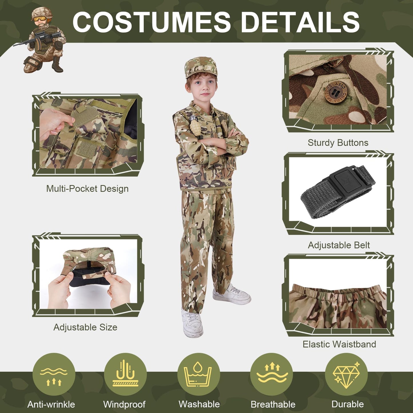 Toymni Army Costume For Kids, Boys Military Soldier Costume With Tactical Camouflage Vest And Army Toy Accessories Gear, Hallowe