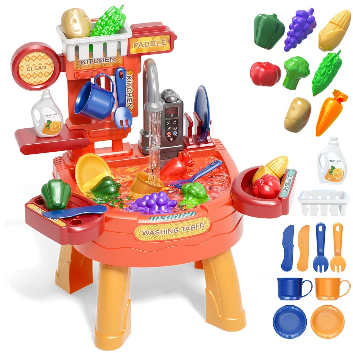 Pupu Pig Play Kitchen Water Table, Play Sink With Running Water, Toddler Toy Sink With Electric Faucet, Play Food & Kitchen Acce